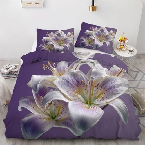 Buohwiwe Copripiumino Matrimoniale Fiori Viola 240x260 cm Microfibra Ultra Morbida Set Copripiumino Giglio Biancheria da Letto Reversibile Copri Piumino con Federe a.4045