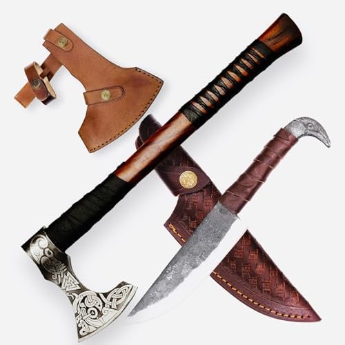 Hache DE Viking DÉCORATION LARP, Cadeau pour Les Fans DE Viking, Étui de Transport, revêtement antiadhésif, Lame en Acier de Haute qualité (Odin with Knife)