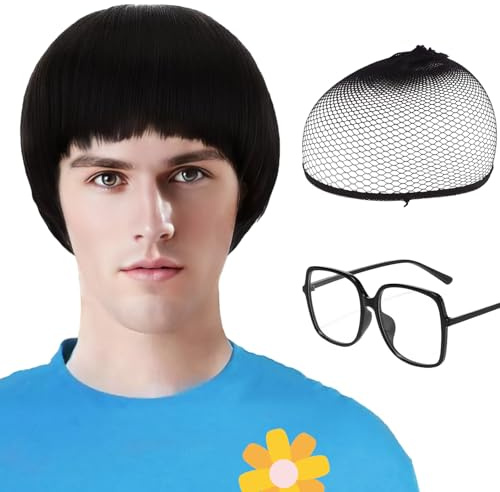 MUNSKT Men Short Black Bowl Cut Wig - Straight Mushroom Wig Cap Glasses with Bangs, 60s Funny Cosplay Wig for Halloween Anime Costume Party Cosplay Costumes, Anime Parties