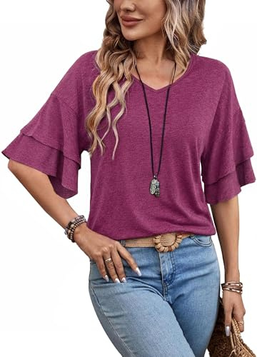 Ryhula Tshirt Damen Sommer 3/4 Arm Trompetenärmel Oberteile Elegant Bluse | Lockere Passform, V-Ausschnitt & doppelte Volantärmel, warme Tage, Frühling & Herbst, Alltag, Büro, Freizeit, Café, Reise