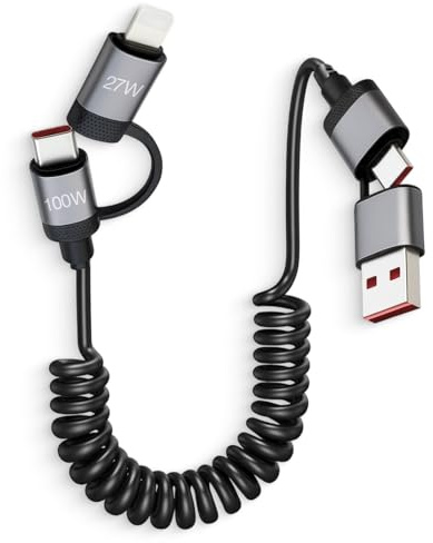 CanQuanSWZX Câble USB C Spirale Voiture 4-en-1 1,5M, Câble Multi Chargeur Universel avec Ports USB A et Type C pour Appareils Mobiles, Charge Rapide jusqu'à 100W, Compatible Voiture