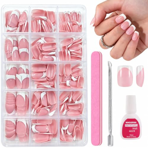 French Tip Press on Nails - 240Pcs Short Square False Nails - 15 Sizes White Tip Fake Nails - Full Cover Acrylic Stick on Nails - Natural Colour French Manicure Kit with Glue for DIY Nail Art