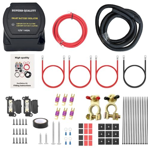Split Charge Relay Kit, Smart Dual Battery Isolator Kit 12V 140Amp, Voltage Sensitive Relay kit, for Car, Caravan, Off-road, Truck, SUV, RV, ATV, UTV, Boat