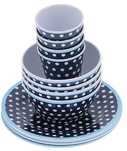 HUSHUI Juego de Vajilla, Elegante Vajilla de Lunares Azul Oscuro, Taza y Cuencos Multiusos de Melamina para el Hogar y el Restaurante, 12 Piezas