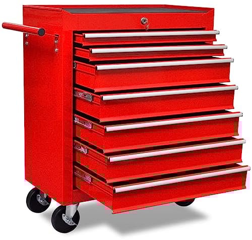 vidaXL Steel Workshop Tool Trolley - Red, Organise Tools, 7 Sliding Drawers, Robust Countertop, Mobile with Brakes