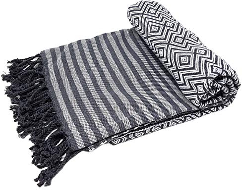 Stefano Ferrante KELIM LUX Hamamtuch Saunatuch Pestemal Fouta Strandtuch Badetuch Handtuch Baumwolle Backpacker 100x180 cm (Schwarz/Weiß)