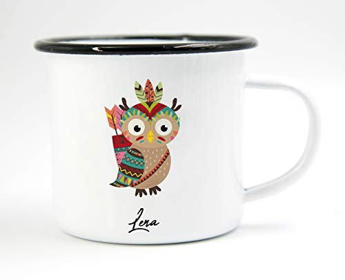 PICSonPAPER Taza esmaltada personalizada con diseño de búho indio, regalo de acero inoxidable, taza de metal (búho)