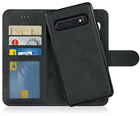 MyGadget Flip Case für Samsung Galaxy S10 - [ abnehmbare Magnet Hülle ] - Handyhülle aus Kunstleder - [ Klapphülle mit Kartenfach ] Schutzhülle in Grau Schwarz
