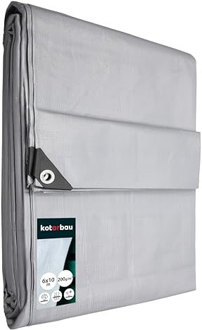 KOTARBAU - Lona, 6 x 10 m, plateada, 200 g/m2, ojales reforzados, protección, impermeable, cordón, resistente a desgarros, lona industrial o para construcción, para cualquier condición meteorológica