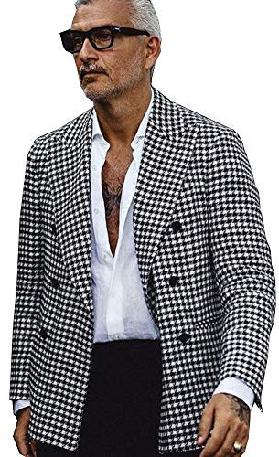 QZI Hommes Veste en Pied-de-Poule Peak Revers Veste croisée Costume Veste de Smoking