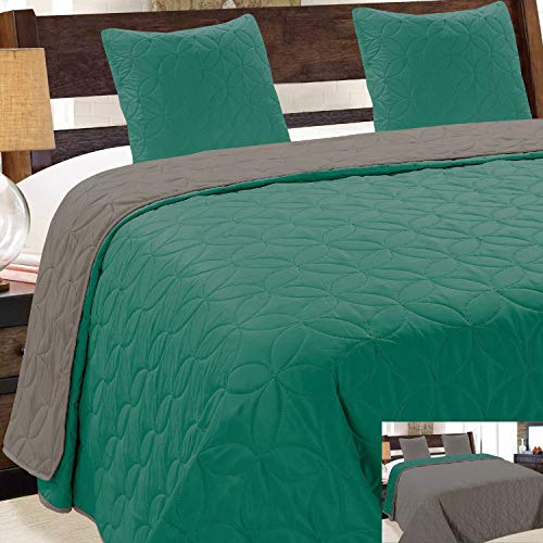 Euromat Tagesdecke Steppdecke Bettüberwurf Gesteppte Zweiseitig Tagesdecke mit 2 Kissenbezüge 40x40 cm- (Grün Emerald Grau Graphit- 06, 180x220 cm)