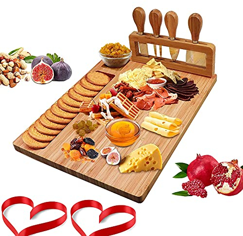 BYMYHO Plateau Fromage avec Couteaux Ensemble Service Planches Charcuterie Plateaux Nourriture Fête Personnalisé Bois Cadeau pour Pendaison crémaillère, Noël, Mariage, Anniversaires