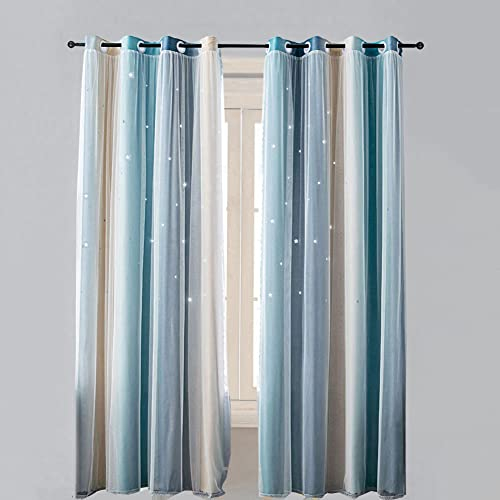 Lsimeru Blau Vorhang Farbverlauf Blickdicht Doppellagig mit Höhlen Sterne Verdunkelungsvorhang Gardinen Regenbogen Babyzimmer Kinderzimmer Mädchen Junge Ösenschal Dekoschal 1 Stücke,132x240