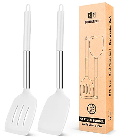 Juego de 2 Espátulas de Silicona, Espátula Antiadherentes Resistente al Calor, Utensilios de Cocina para Servir, Freir, Cocinar Huevos, Peacado, Verduras, Steak, Tortitas(Blanco)