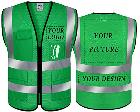 BeautyWill Personalisierte Sicherheitsweste Warnweste mit Text oder Logo und 5 Mehreren Taschen, Warnschutz Arbeitsweste Sicherheitsweste mit 360°Reflektorstreifen (Grün-Gittergewebe-L)