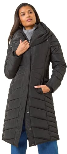 Roman Originals Padded Coat for Women UK - Ladies Longline Puffer Winter Quilted Parka Waterproof Rainproof Wind Resistant Thermal Jacket Long Length Warm Zip Hood Puffa Cosy - Onyx - Size 16