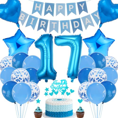 Cnrose 17. Geburtstag Dekoration - Blau Tortendeko für Junge und Mädchen, Party Deko Set mit Zubehör