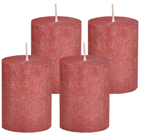 Stumpenkerze, durchgefärbt (4er Set) 9 x 6,8 cm Shimmer Finish Rot, Kerze für Adventskranz