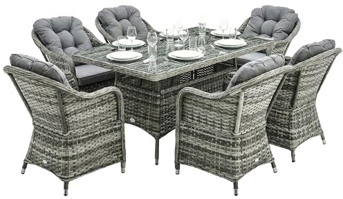 Outsunny 6 Seater Rattan Dining Set with Seat and Back Cushions, Grey