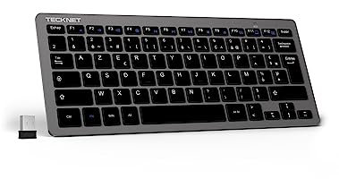 TECKNET Clavier sans Fil 2.4G, Mini Clavier AZERTY Ultra-Mince avec 12 Raccourcis Multimédias, Compact Clavier Ordinateur pour Windows 11 10, 8, PC, Bureau, Portable, Économie d'énergie -Gris