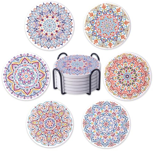 STARUBY Drink Coasters Set of 6 Ceramic Coaster Beautiful Absorbent Coaster Drink Mat with Cork Base Flower4 Patterns Round Coaster Non Slip for Coffee,Beer,Mug,Wine Glass Bottle,Home and Bar