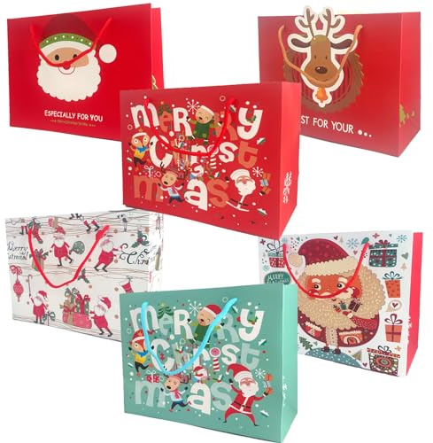BOOSHMall Geschenktüten Weihnachten, 6 Stück Mittel Weihnachtstüten, Papiertüten Weihnachtstaschen mit Griffen, Wiederverwendbare Weihnachtsgeschenktüten, 26 x 20 x 11 cm