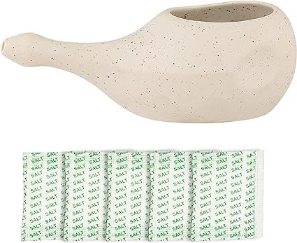 Ancient Impex Ceramic Neti Pot Without Handle Easy Grip for Sinus Treatment with 5 Sachets Neti Salt - Matte Ivory Color, Holds 300 Ml (10.14 Fl Oz) Capacity