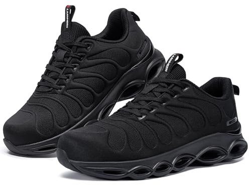 LARNMERN Steel Toe Cap Trainers Mens Safety Trainers Lightweight Safety Shoes Cushioning Fashion Breathable Comfortable Work Shoes(Pure Black Wide,10.5 UK)
