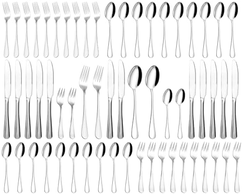 Cuberterias Completas 12 Personas, 60 Piezas Cubiertos Acero Inoxidable, Muy Pulidos y Aptos para Lavavajillas, Juego de Cubiertos Elegantes, Tenedor/Cuchara/Cuchillo, para Casa, Fiesta, Restaurante