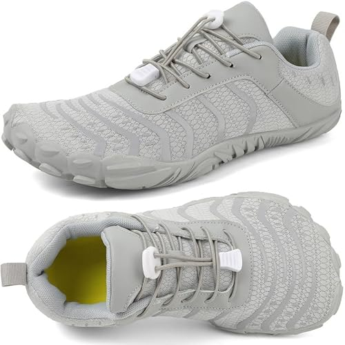 Barfußschuhe Herren Damen Breite Barfussschuhe Traillaufschuhe Weit Five Finger Zehenschuhe Minimalistische Zero-Drop Sohlen Wanderschuhe Fitnessschuhe Komfort Leicht Laufschuhe Unisex(Grau 45EU)