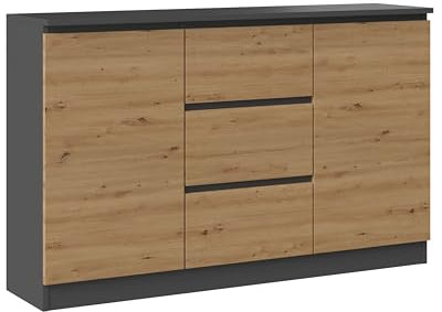 Oggi Rustikale Kommode von Lugo, 2 Schubladen, 3 Schränke, Anthrazit, Eichenholz, rustikaler Handwerksstil, geräumige Aufbewahrungsmöglichkeiten