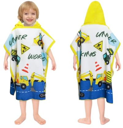 decalsweet Badeponcho mit Kapuze Kind Poncho Handtuch, Weich und Saugfähig Strandtücher Kinderhandtuch, Badetücher Badehandtuch Bademantel für Jungen und Mädchen Strand Schwimmen Dusche (Baufahrzeug)