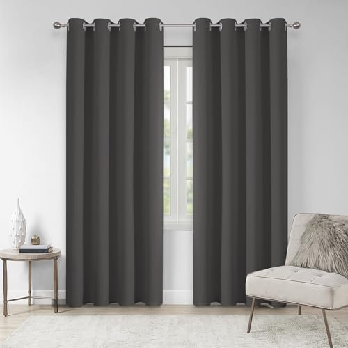 VEHEDE Blackout Dark Grey Thermal Curtains for Bedroom 90 Long Drop Pair, Room Darkening Curtains for Living Room, Soundproof Eyelet Curtain for Patio Door, W46 x L90 Inch, Dark Grey, 2 Panels