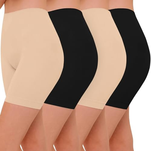 Lot de 4 Short Leggings Sport Femme sous Jupe ou Robe Anti-frottement Pantalons de Cyclisme pour Femme Legging Court sans Couture Boxer Short Sécurité (2 Noir 2 Nude, L)