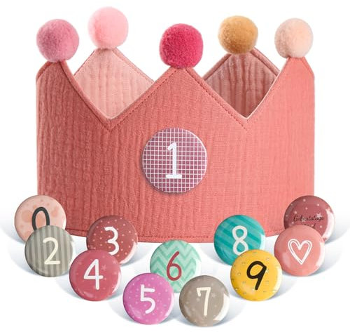 Geburtstagskrone Kinder, Baumwolle Geburtstag Krone, Geburtstag Kinderkrone, Geburtstag Junge & Mädchen, Buttons mit Zahlen von 0-9, Kinder Partyhüte, Party Deko für den Kindergeburtstag (Rosa)