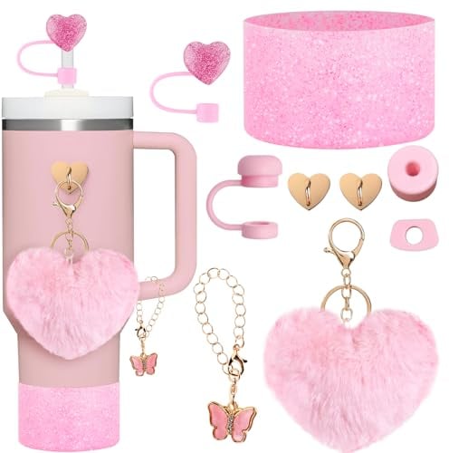 Accessories for Stanley Cup,Silicone Boot,Straw Cover Caps,Charm Keychain Cute Hanging Charm for Stanley Tumbler 40oz/30oz(Pink)