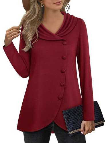 VALOLIA Women's Long Sleeve Tops Fall Winter Buttons Side Tulip Hem Lapel Pullover Sweatshirt