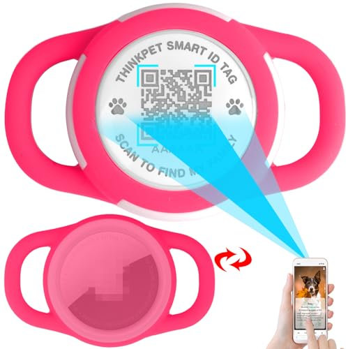 ThinkPet AirTag Dog Collar Holder with QR Code Smart Pet ID Tag, Dual-Loop Tracker Holder with Smart QR Code, Waterproof Dustproof Silent Airtag Holder Small Rose Red