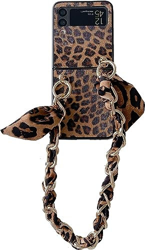 Szakdws Coque de protection pour Samsung Galaxy Z Flip 6 5G avec dragonne en métal pour femme et fille - Motif léopard tendance - Coque de protection avec bracelet - En TPU souple - Anti-chocs