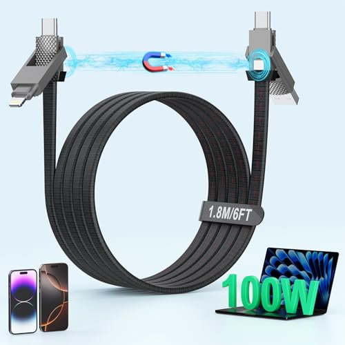 4-in-1 100W USB C Cable Lightning Charging Cable - 6FT Flat Braided Multi iPhone iPad Charger Cord with Lightning, USB-C for iPhone 15/16, Samsung, iPad, MacBook - Supports CarPlay and Android Auto