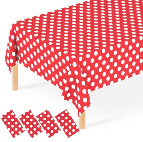JCTHKUKU, 4 tovaglie in plastica usa e getta, a pois, per esterni, compleanni, rivelazioni del genere, feste per nascituri e future spose, decorazioni per feste, 137 cm x 274 cm, rosso e bianco