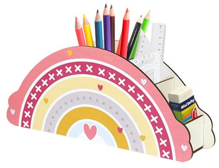 QINGYIWL Schreibtisch Organizer Regenbogen Stiftehalter Kinder mit 5 Fächern, Schreibtisch Büro Organizer, Holz Stifte Organizer Stifteköcher, Stifthalter für Home Office Desktop Kinder-Stiftebox