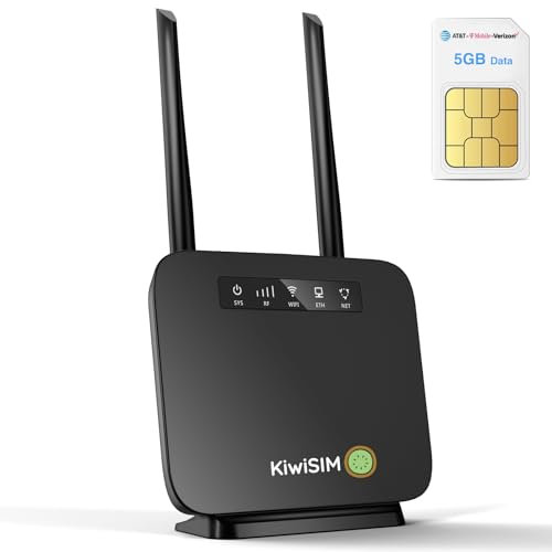 KiwiSIM Router WiFi 4G LTE con tarjeta SIM | CPE inalámbrico de alta velocidad de 300 Mbps, respaldo de batería, ranura Ethernet, antenas desmontables | Ideal para el hogar, camión, RV | Soporta AT&T,