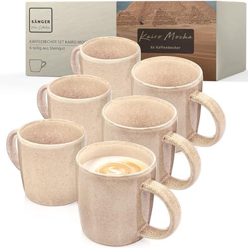 Sänger Kairo Mocha | Kaffeebecher 6 teilig, Steingut Tassen Set für 6 Personen, Tassen, spülmaschinen- mikrowellenfest, Coffee Mug Teetasse, Kaffeetassen Beige 400 ml | VALUE COLLECTION