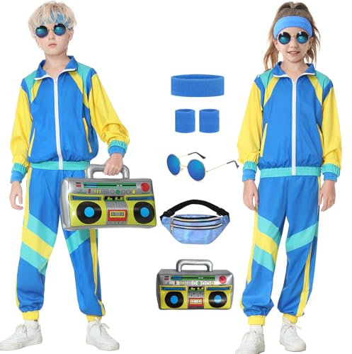 Hislovy 80er Jahre Kostüm Kinder,90er Jahre Outfit Trainingsanzug Jungen Mädchen Halloween Karneval, Blau, 116
