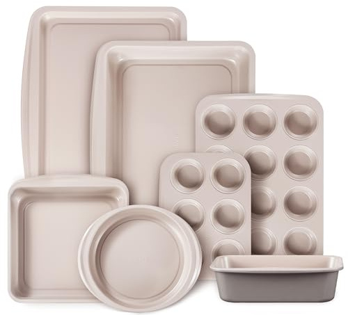 CAROTE 7-Piece Nonstick Stackable Baking Pans Set - Bakeware Sets Including Cookie Sheets for Baking, Muffin Pan, Bread Pan, Cake pan, Loaf Pan, Roasting Pan, Gray & Khaki