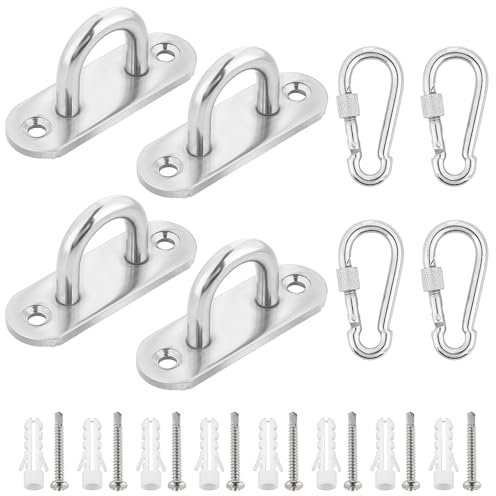 Augplatte Edelstahl und Karabiner, 4 Stück Deckenhaken, Decksplatte mit Dehnungsrohr und Schrauben, Augplatte mit Öse, Ösenplatte für Aufhängung Hängesessel, Hängematte, Boxsack