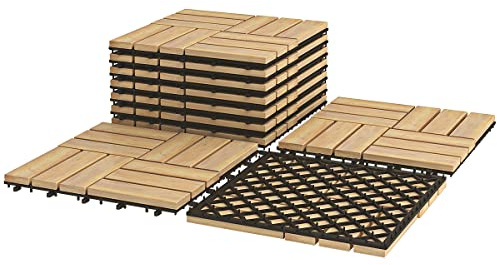 HOMFME 10 PCS Acacia Wooden Decking Tiles, 30 x 30 cm Flooring Tiles | Interlocking, Click System, Drainage Function, Indoor Outdoor Hardwood Decking Boards for Garden Balcony Patio Pavement