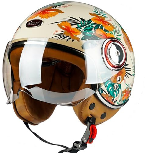 Jethelm mit Sonnenblende, Vintage Motorrad Jet Helm Roller Helm für Damen Herren, ECE 22.05 Zertifiziert Halbhelm, Jet-Piloten-Motorrad-Retro-Chopper-Cruiser-Vintage-Mopedhelm