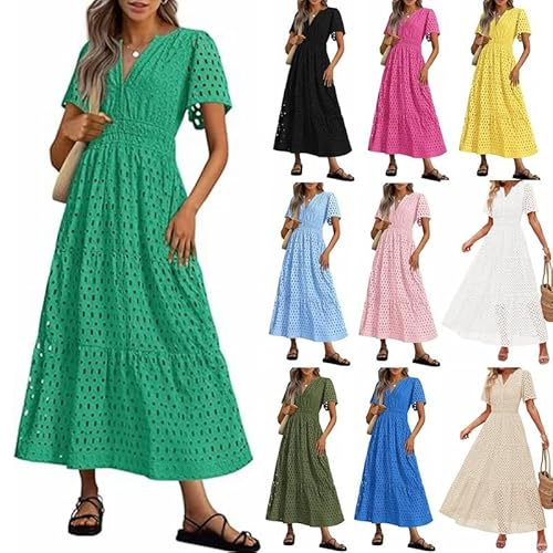Summer Maxi Dresses for Women UK Wedding Guest Dress Short Sleeve Casual Boho V Neck Hollow Out Eyelet Ruffle Swing A Line Cotton Long Flowy Beach Vacation Evening Dresses